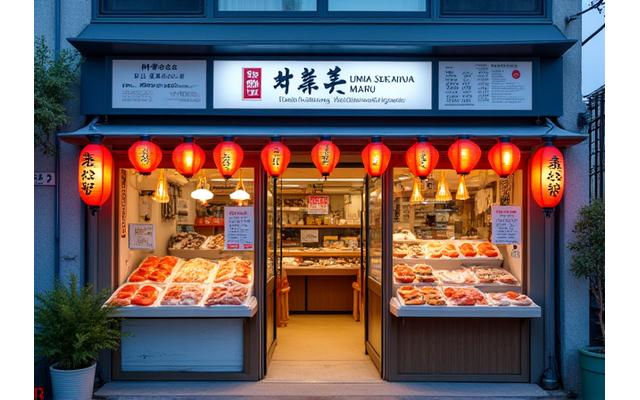 海坂丸の店舗入口、築地の市場の活気ある雰囲気。