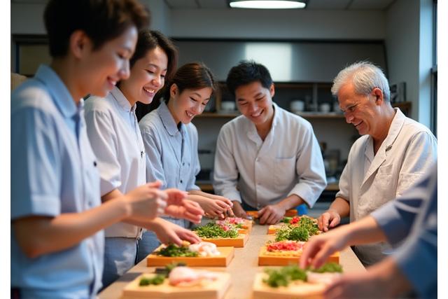 料理教室で生徒が講師と交流している様子