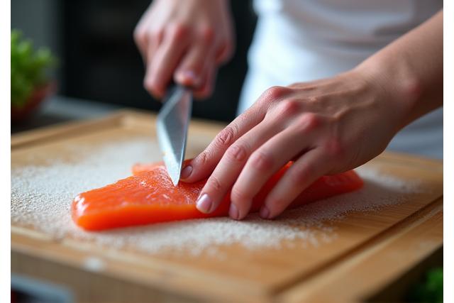 料理教室で魚のフィレを教わっている手元のクローズアップ
